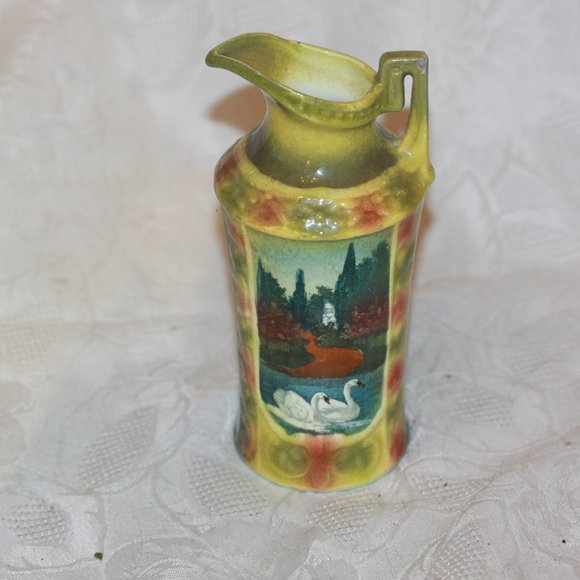 Vintage Ceramic  PITCHER Scenic Swans Creamer Vase Long 7 inch - Picture 1 of 4